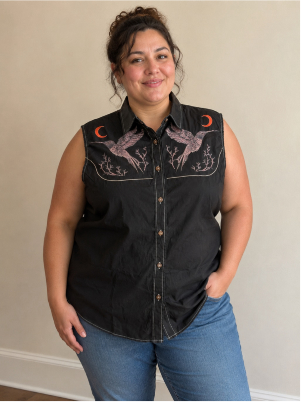 Boozelele Women’s 2XL Hummingbird Moon Western Sleeveless Button-Up Shirt